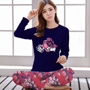 Beautiful Blue Flower Night Suit (Trouser Shirt) For Girls & Women TS-07